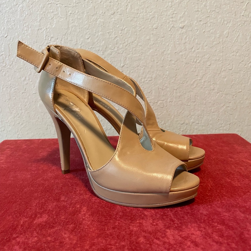 Nine West Tan Strappy Peep-Toe Heels